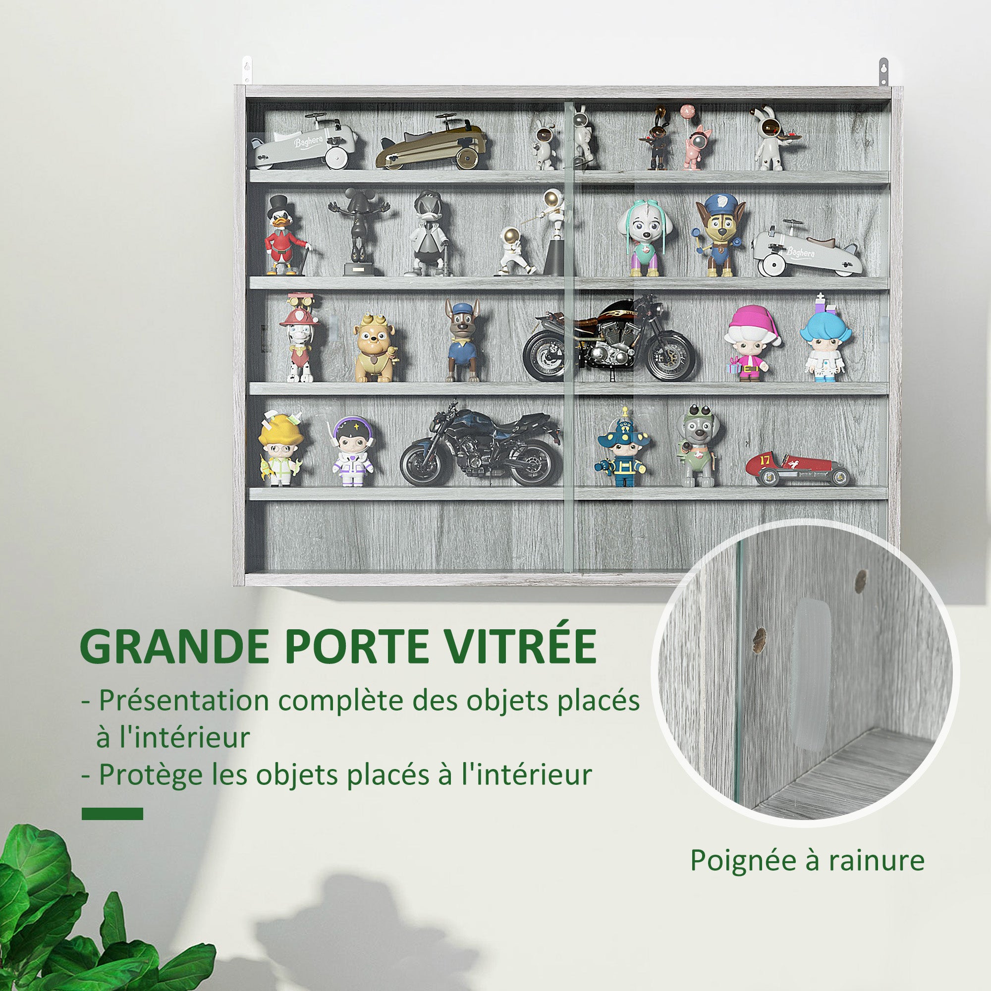 Collection Display Case Wall Mounted Display Case 80 x 9.5 x 60 cm with 4 Adjustable Shelves and 2 Sliding Glass Doors, for Miniature Figure and Car Collection, Gray