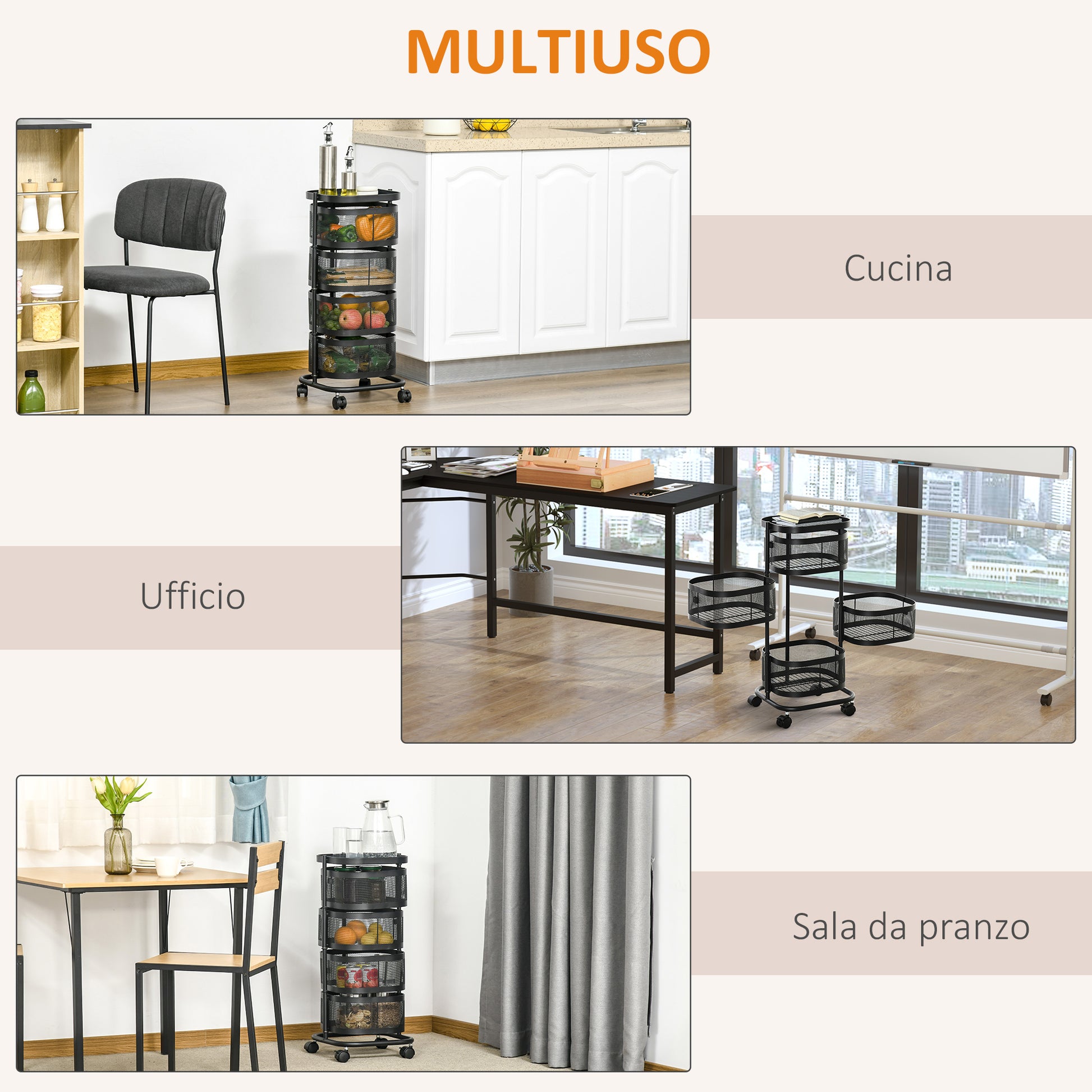 Serving Trolley with 4 Wire Baskets, Top Shelf, and Swivel Wheels, Steel and PP Plastic, 33x33x77cm, Black