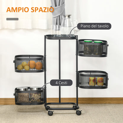 Serving Trolley with 4 Wire Baskets, Top Shelf, and Swivel Wheels, Steel and PP Plastic, 33x33x77cm, Black