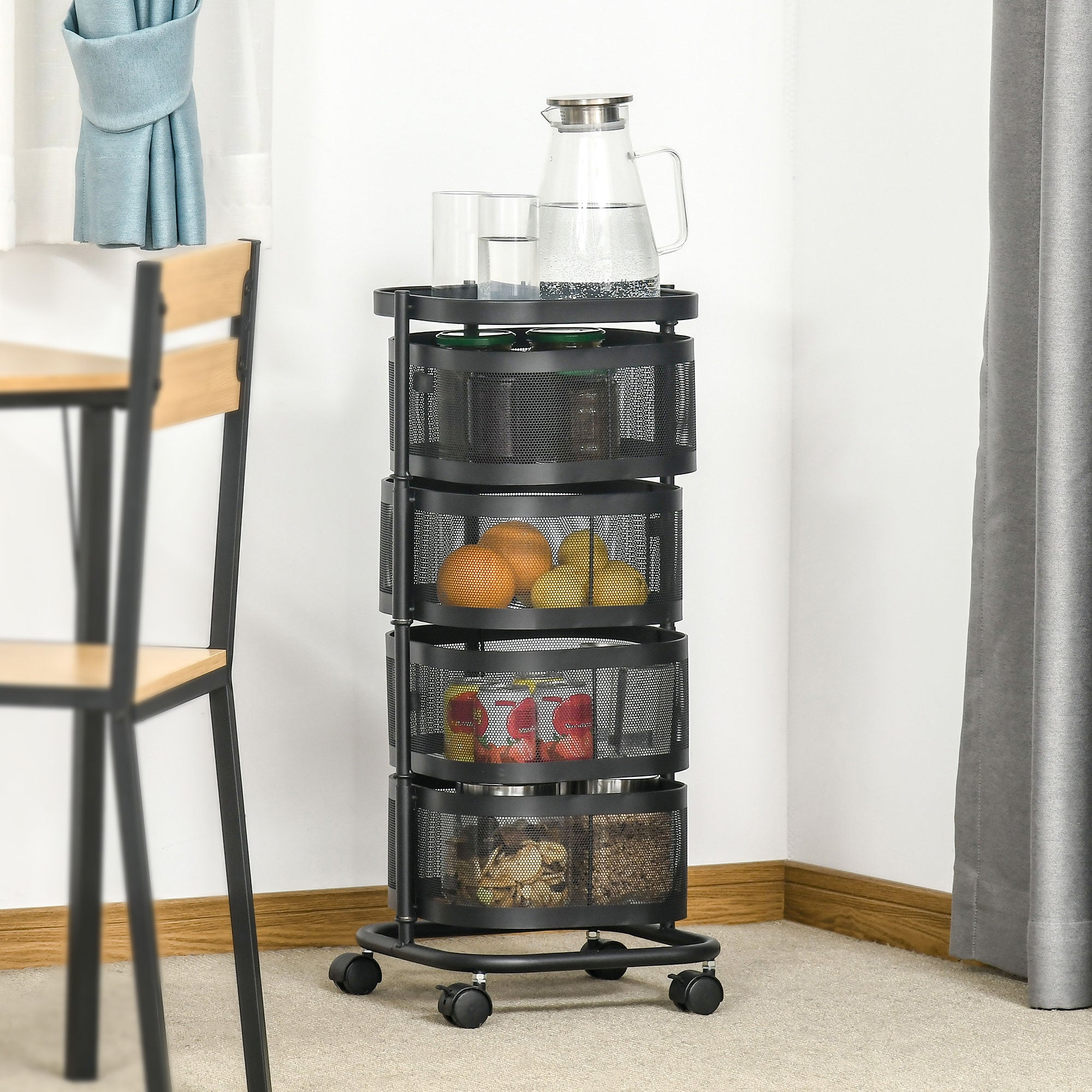 Serving Trolley with 4 Wire Baskets, Top Shelf, and Swivel Wheels, Steel and PP Plastic, 33x33x77cm, Black