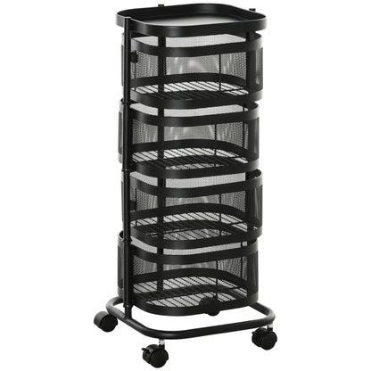 Serving Trolley with 4 Wire Baskets, Top Shelf, and Swivel Wheels, Steel and PP Plastic, 33x33x77cm, Black