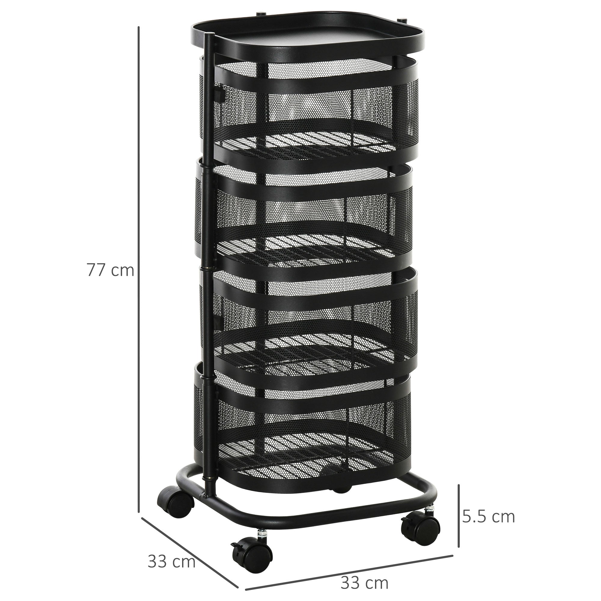 Serving Trolley with 4 Wire Baskets, Top Shelf, and Swivel Wheels, Steel and PP Plastic, 33x33x77cm, Black
