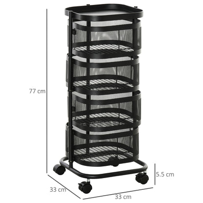 Serving Trolley with 4 Wire Baskets, Top Shelf, and Swivel Wheels, Steel and PP Plastic, 33x33x77cm, Black