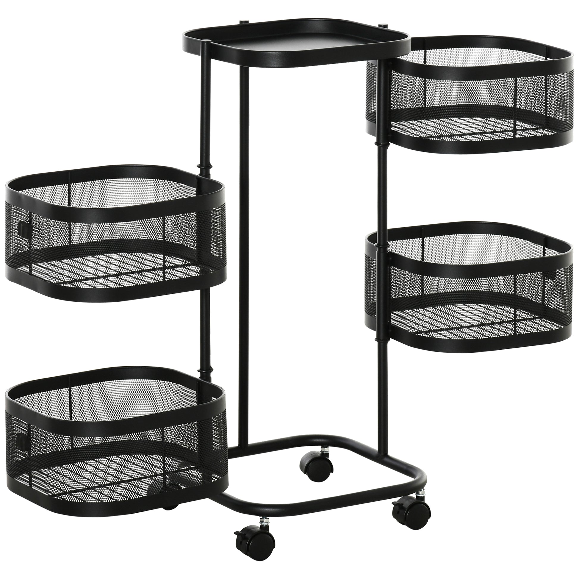 Serving Trolley with 4 Wire Baskets, Top Shelf, and Swivel Wheels, Steel and PP Plastic, 33x33x77cm, Black