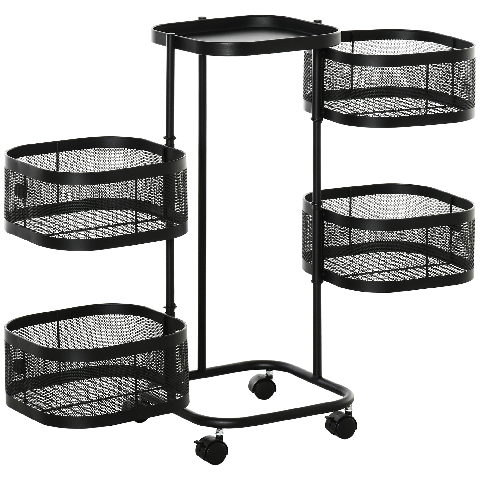 Serving Trolley with 4 Wire Baskets, Top Shelf, and Swivel Wheels, Steel and PP Plastic, 33x33x77cm, Black