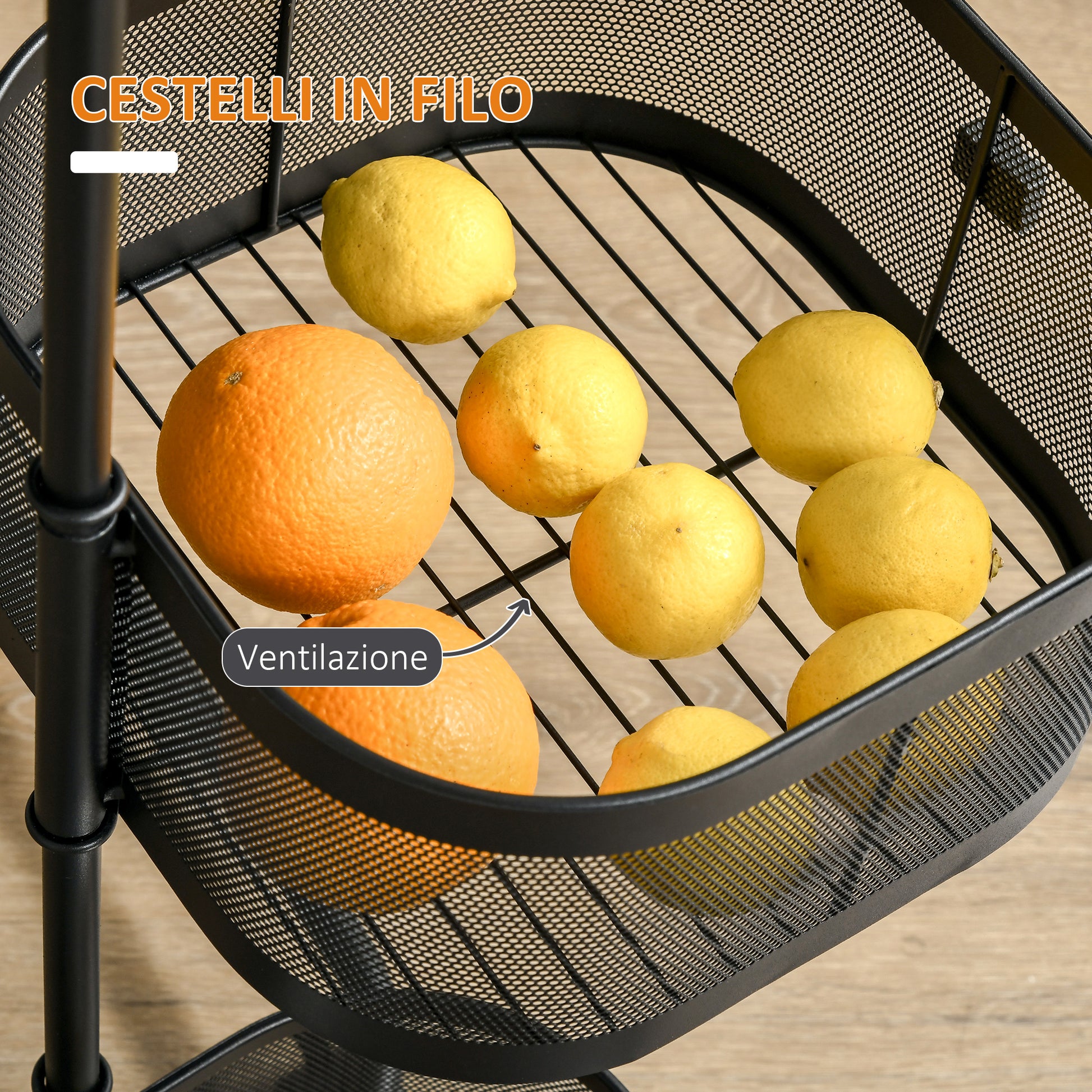 Serving Trolley with 4 Wire Baskets, Top Shelf, and Swivel Wheels, Steel and PP Plastic, 33x33x77cm, Black