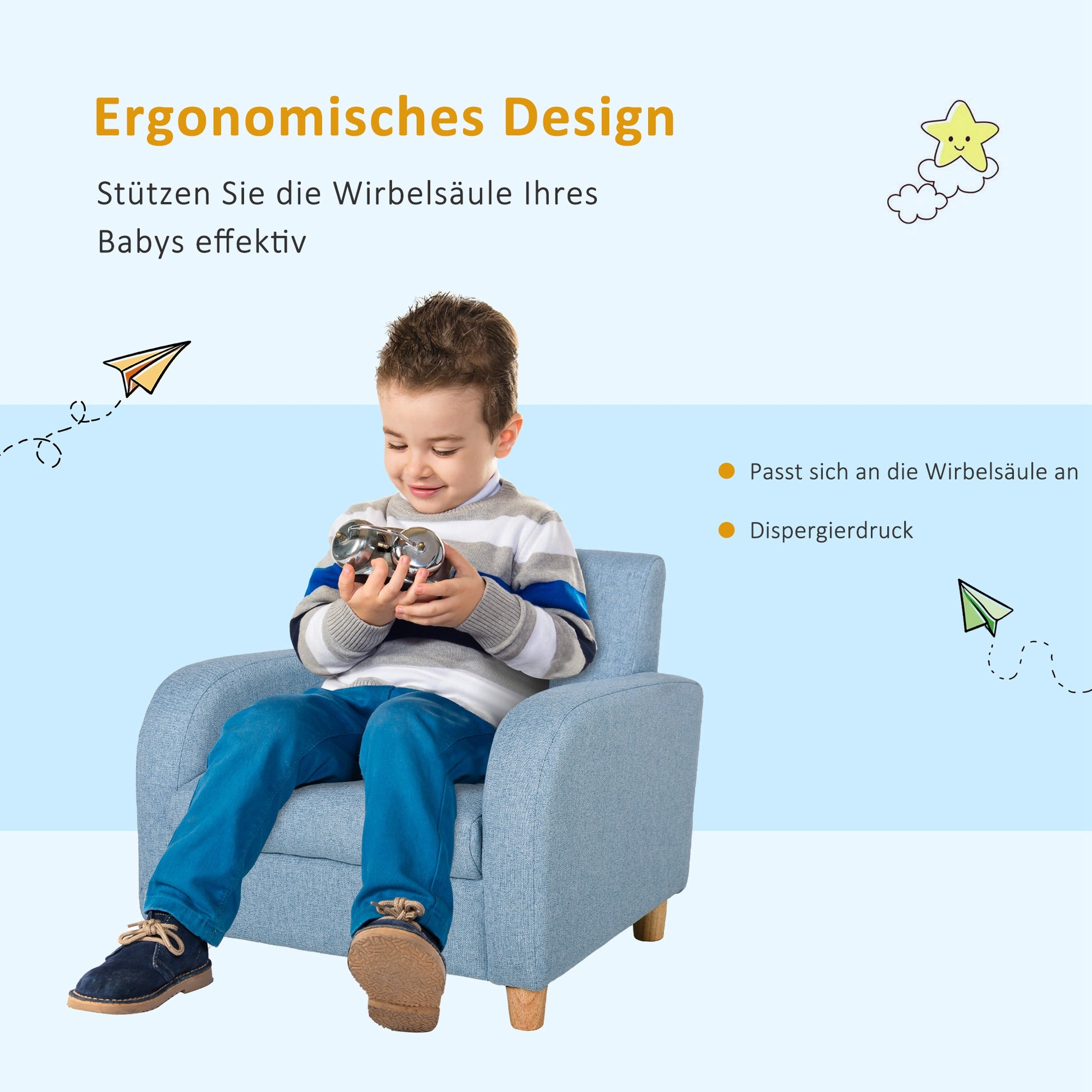 Children's Armchair Kids Sofa with Thick Foam and Thick Seat Cushions Children's Couch Chair Lounger with Anti-Slip Feet for 3-5 Year Old Kids Wood Linen Foam Blue 49x45x44.5 cm