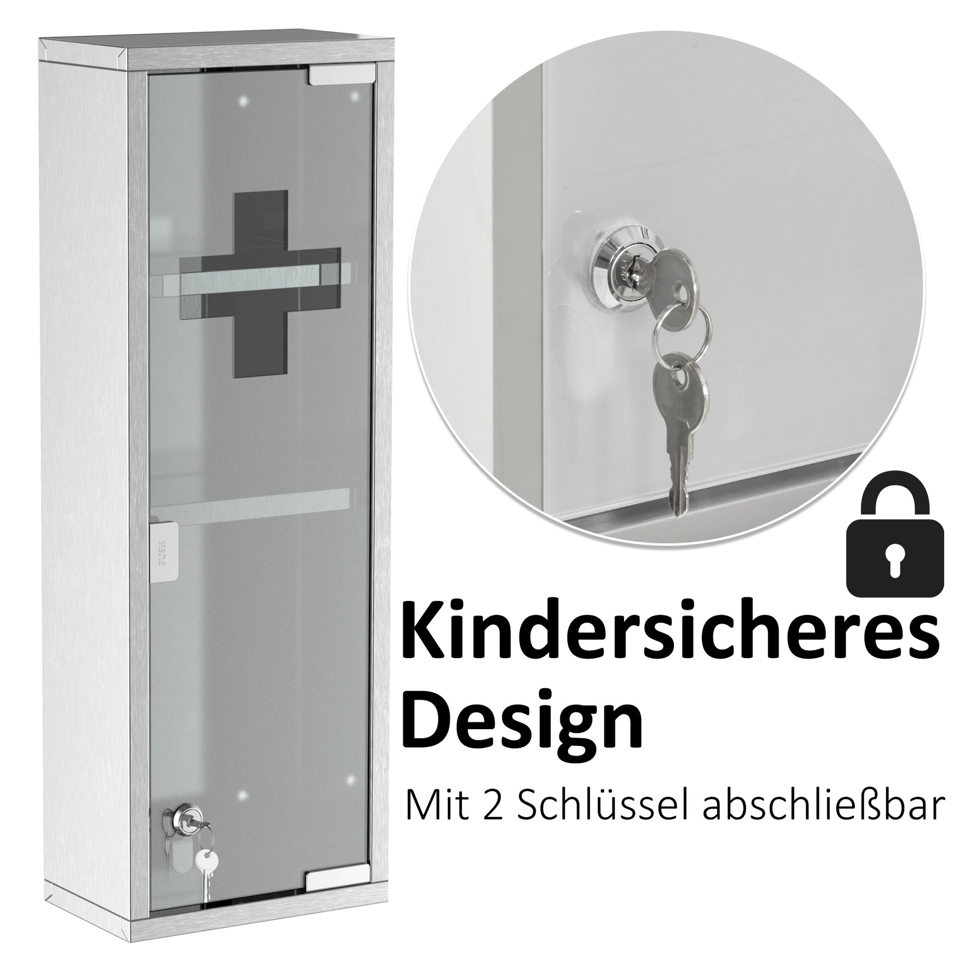 Stainless Steel Medicine Cabinet with Tempered Glass Door, Lockable Medicine Cabinet with 3 Racks, First Aid Cabinet, 20 x 12 x 58 cm, Silver