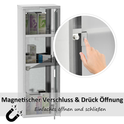 Stainless Steel Medicine Cabinet with Tempered Glass Door, Lockable Medicine Cabinet with 3 Racks, First Aid Cabinet, 20 x 12 x 58 cm, Silver