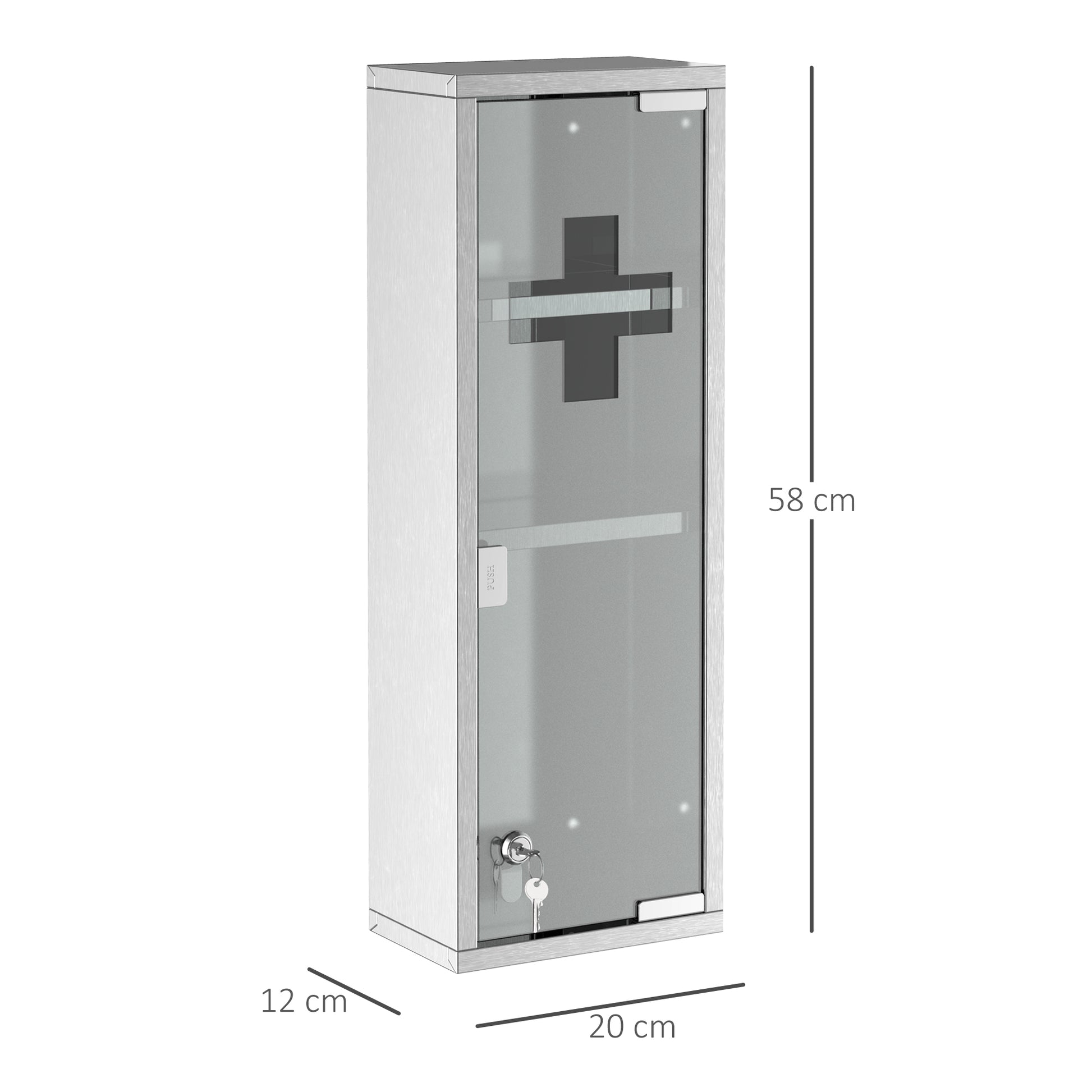 Stainless Steel Medicine Cabinet with Tempered Glass Door, Lockable Medicine Cabinet with 3 Racks, First Aid Cabinet, 20 x 12 x 58 cm, Silver