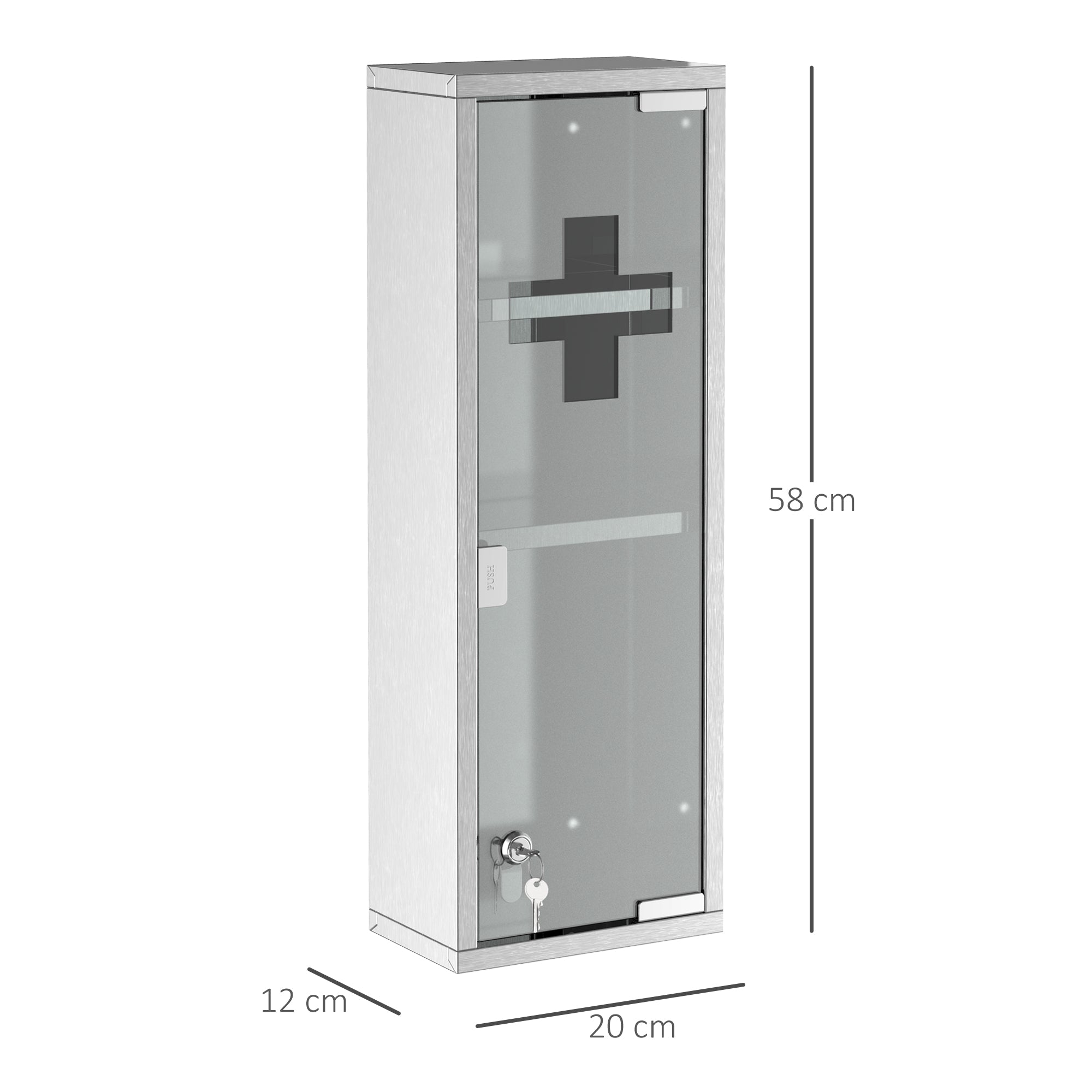 Stainless Steel Medicine Cabinet with Tempered Glass Door, Lockable Medicine Cabinet with 3 Racks, First Aid Cabinet, 20 x 12 x 58 cm, Silver