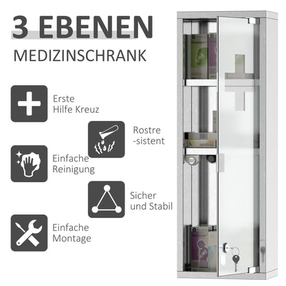 Stainless Steel Medicine Cabinet with Tempered Glass Door, Lockable Medicine Cabinet with 3 Racks, First Aid Cabinet, 20 x 12 x 58 cm, Silver