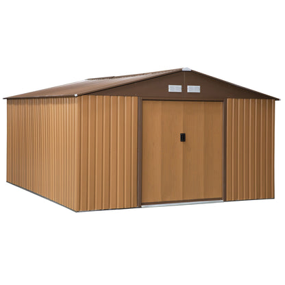 Metal Tool Shed 26.2m³ 340x386x200cm with Gable Roof Foundation Sliding Door Weatherproof Garden House Outdoor Garden Shed Cabinet for Outdoor Area, Yellow
