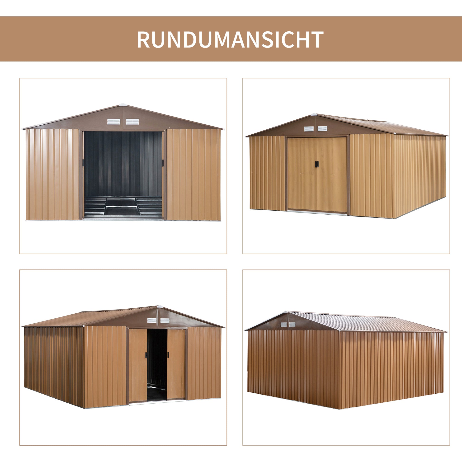 Metal Tool Shed 26.2m³ 340x386x200cm with Gable Roof Foundation Sliding Door Weatherproof Garden House Outdoor Garden Shed Cabinet for Outdoor Area, Yellow