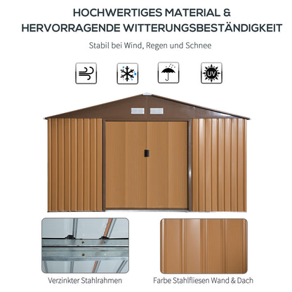 Metal Tool Shed 26.2m³ 340x386x200cm with Gable Roof Foundation Sliding Door Weatherproof Garden House Outdoor Garden Shed Cabinet for Outdoor Area, Yellow