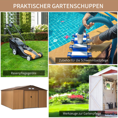 Metal Tool Shed 26.2m³ 340x386x200cm with Gable Roof Foundation Sliding Door Weatherproof Garden House Outdoor Garden Shed Cabinet for Outdoor Area, Yellow