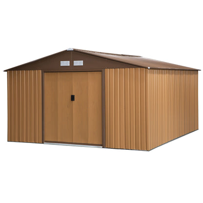 Metal Tool Shed 26.2m³ 340x386x200cm with Gable Roof Foundation Sliding Door Weatherproof Garden House Outdoor Garden Shed Cabinet for Outdoor Area, Yellow