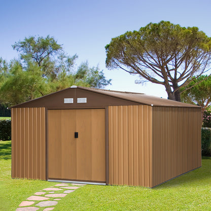 Metal Tool Shed 26.2m³ 340x386x200cm with Gable Roof Foundation Sliding Door Weatherproof Garden House Outdoor Garden Shed Cabinet for Outdoor Area, Yellow