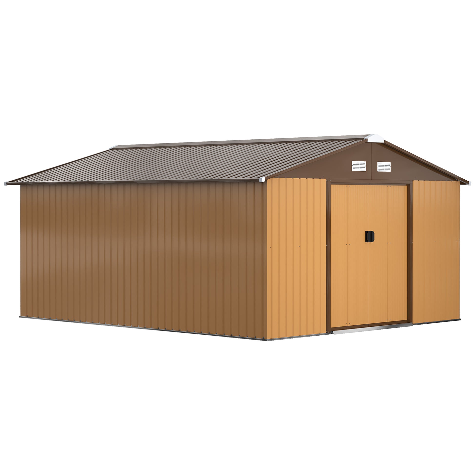 Metal Tool Shed 26.2m³ 340x386x200cm with Gable Roof Foundation Sliding Door Weatherproof Garden House Outdoor Garden Shed Cabinet for Outdoor Area, Yellow
