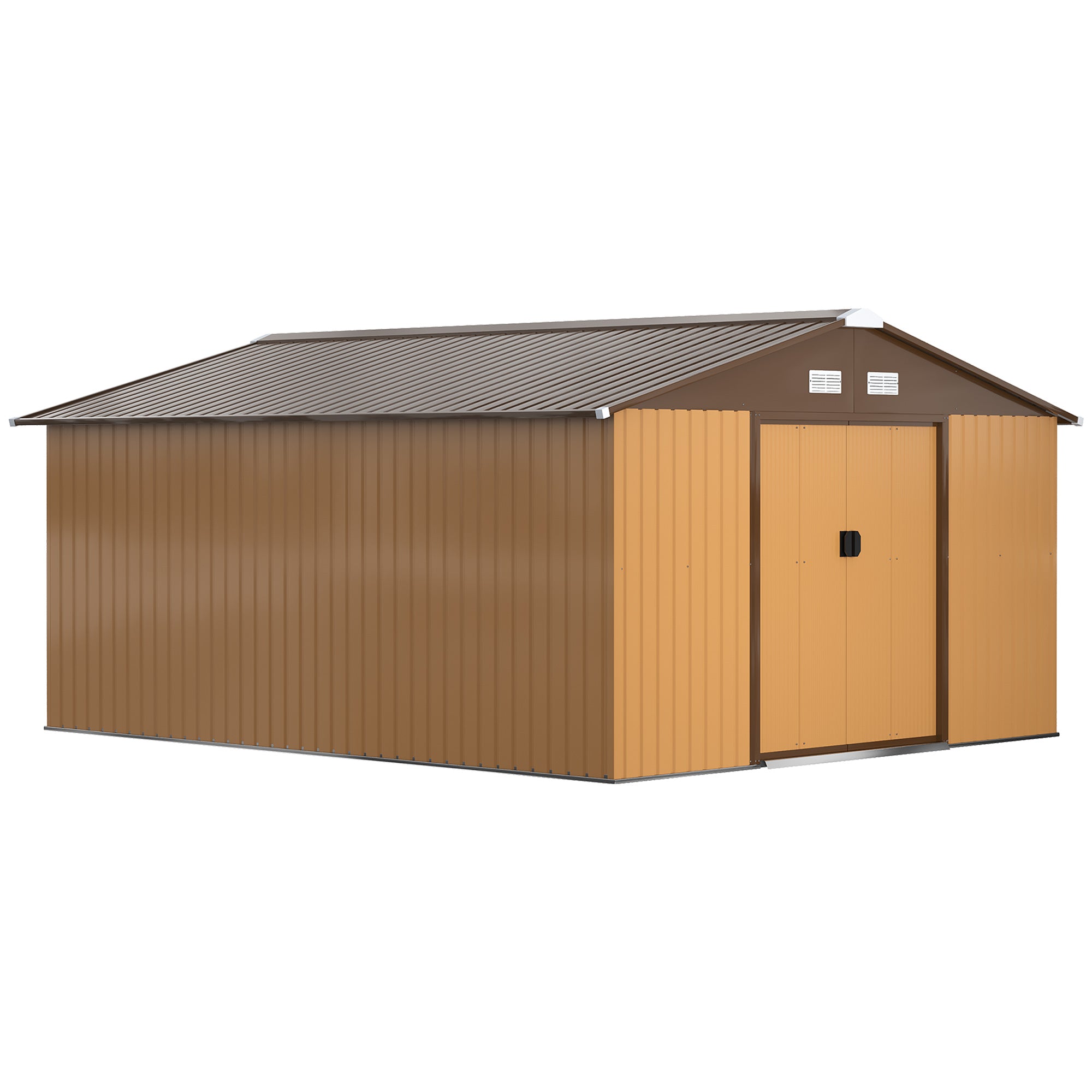 Metal Tool Shed 26.2m³ 340x386x200cm with Gable Roof Foundation Sliding Door Weatherproof Garden House Outdoor Garden Shed Cabinet for Outdoor Area, Yellow