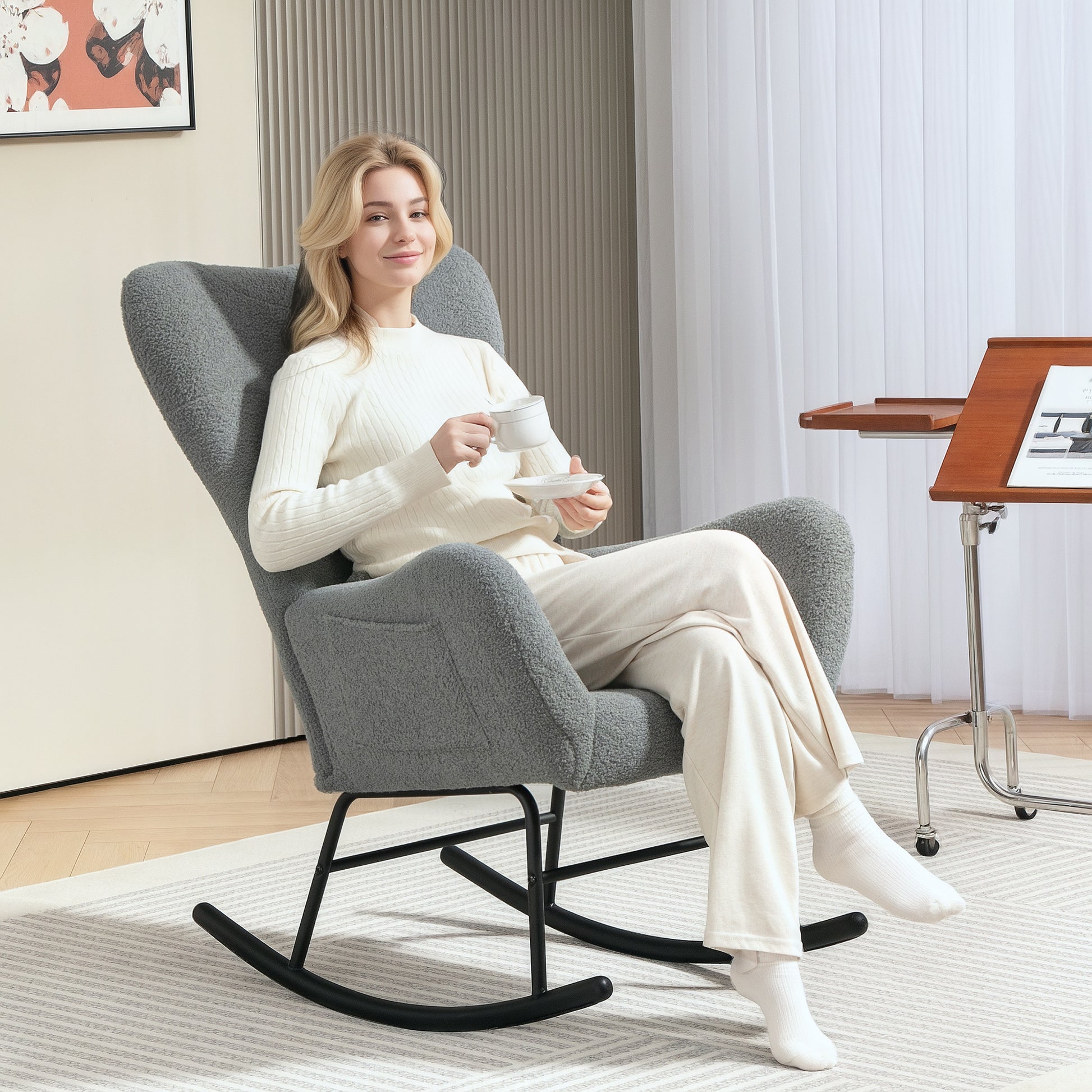 Rocking Chair, Rocker with Teddy Fabric Look, Armrest, Nursing Chair with Metal Runners, Lumbar Pillow, Recliner with Side Pocket for Living Room, Bedroom, Gray