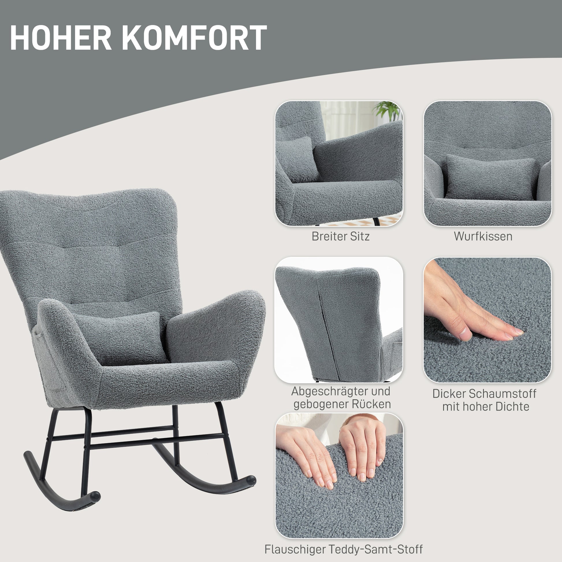 Rocking Chair, Rocker with Teddy Fabric Look, Armrest, Nursing Chair with Metal Runners, Lumbar Pillow, Recliner with Side Pocket for Living Room, Bedroom, Gray