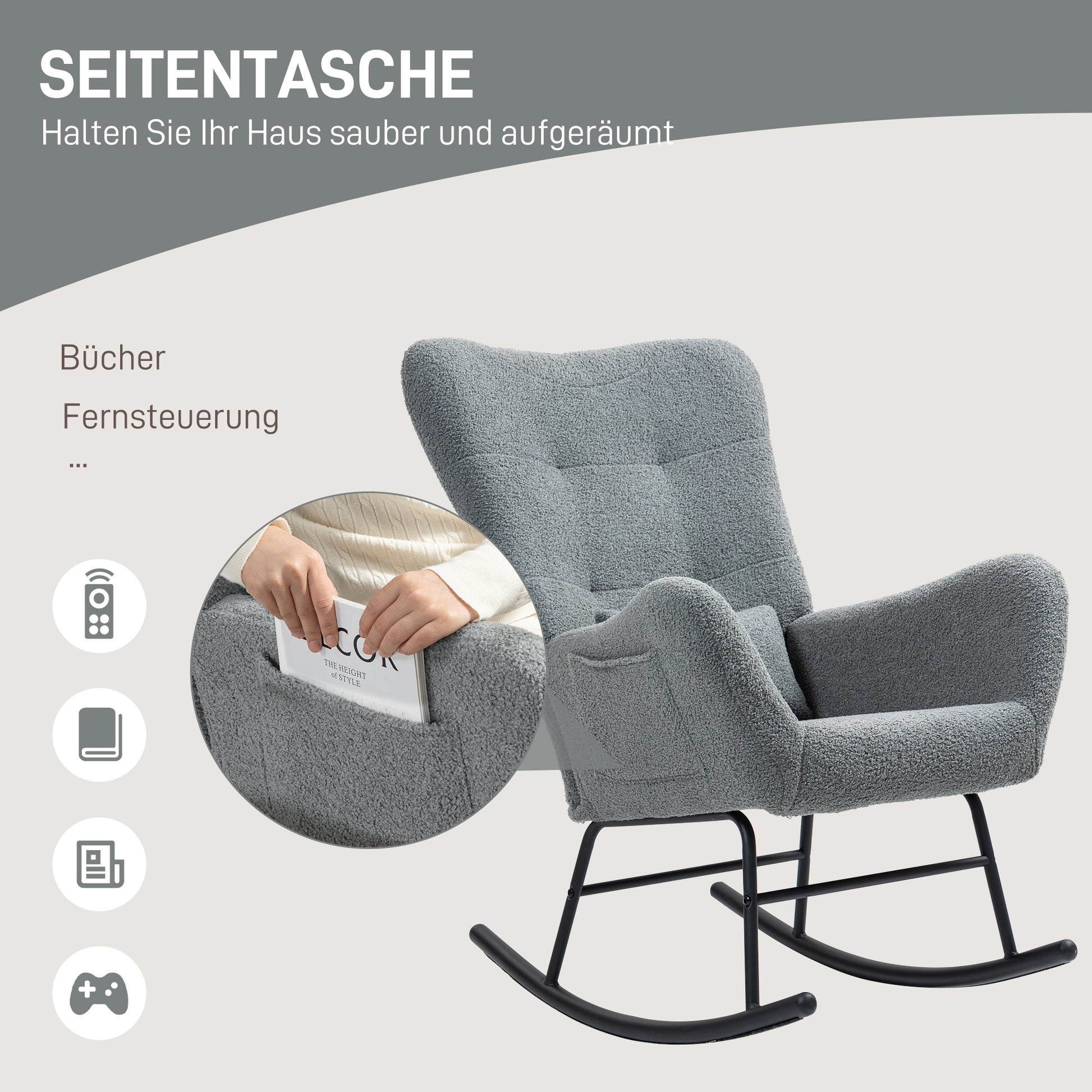 Rocking Chair, Rocker with Teddy Fabric Look, Armrest, Nursing Chair with Metal Runners, Lumbar Pillow, Recliner with Side Pocket for Living Room, Bedroom, Gray