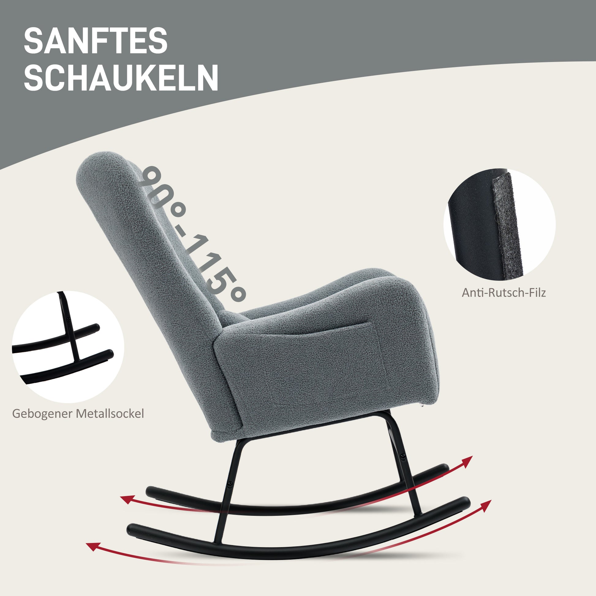 Rocking Chair, Rocker with Teddy Fabric Look, Armrest, Nursing Chair with Metal Runners, Lumbar Pillow, Recliner with Side Pocket for Living Room, Bedroom, Gray