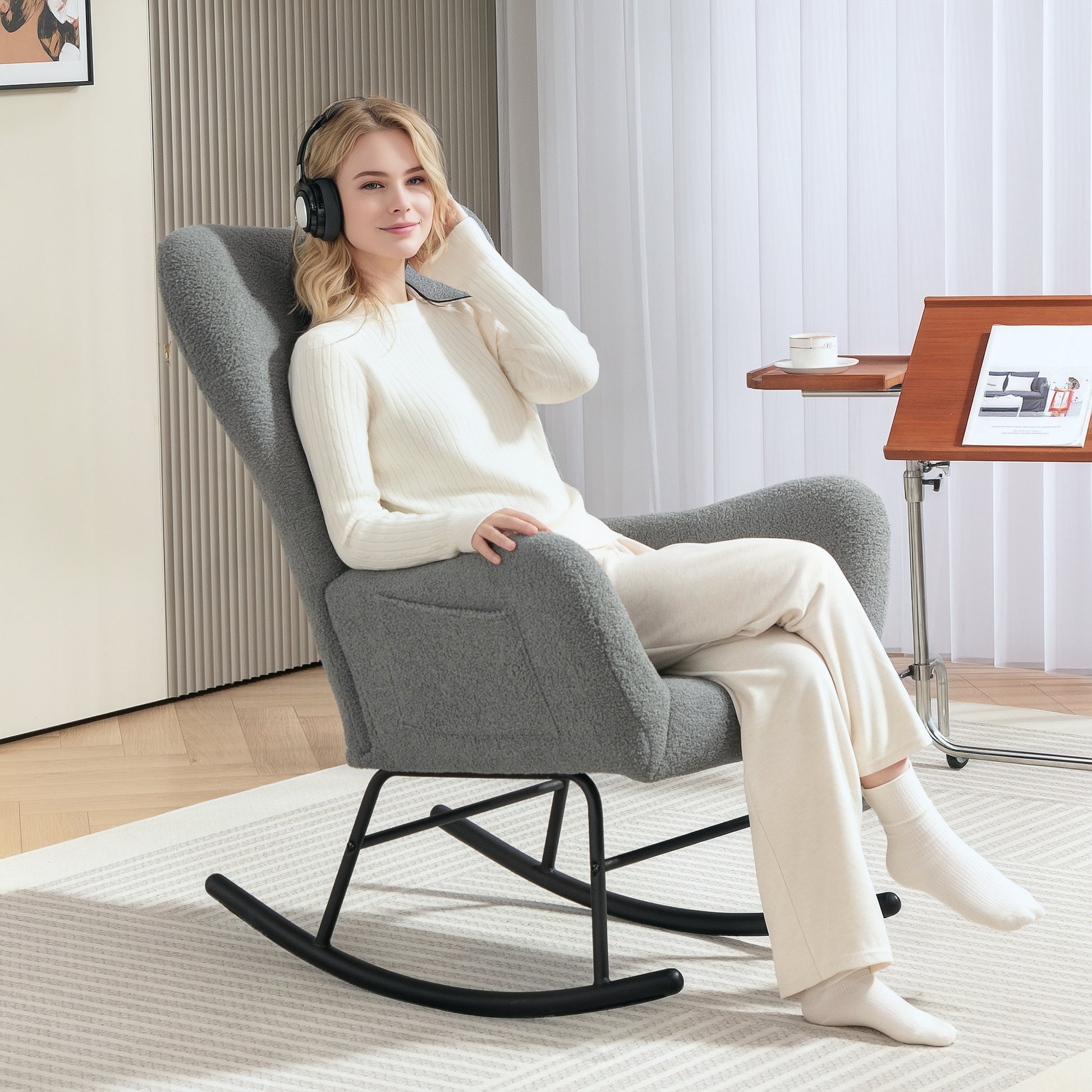 Rocking Chair, Rocker with Teddy Fabric Look, Armrest, Nursing Chair with Metal Runners, Lumbar Pillow, Recliner with Side Pocket for Living Room, Bedroom, Gray