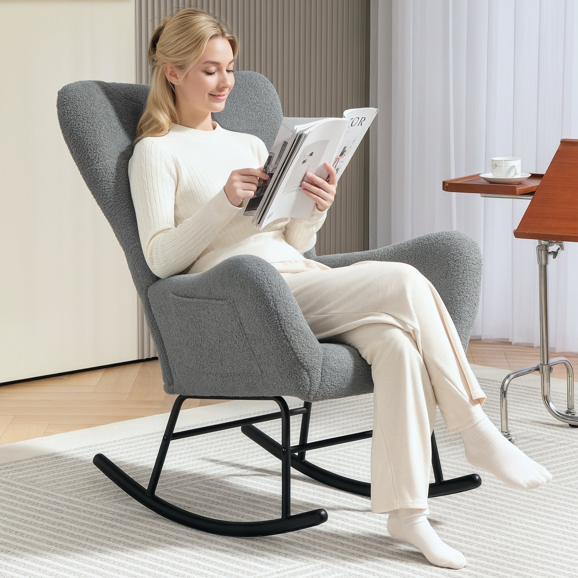 Rocking Chair, Rocker with Teddy Fabric Look, Armrest, Nursing Chair with Metal Runners, Lumbar Pillow, Recliner with Side Pocket for Living Room, Bedroom, Gray