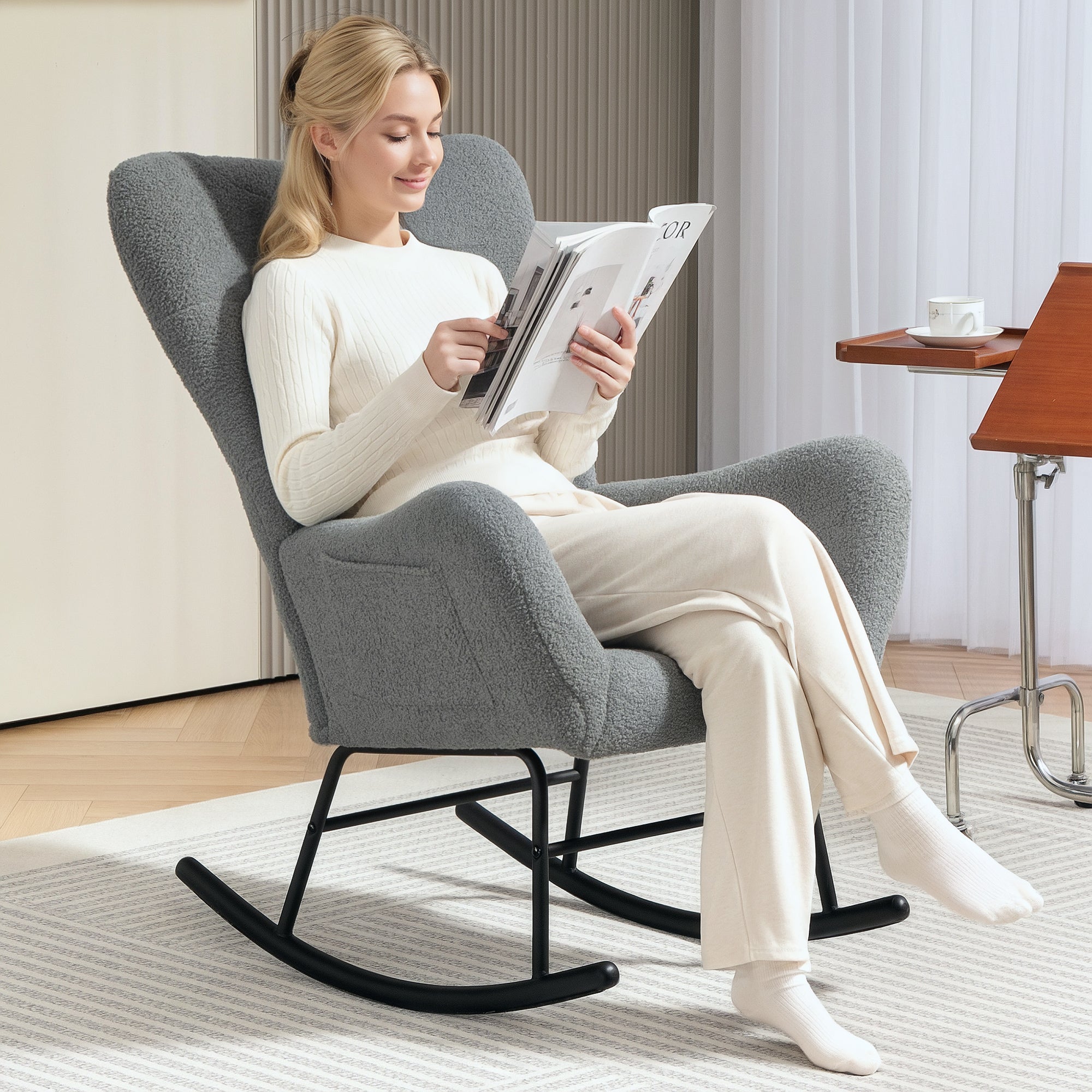 Rocking Chair, Rocker with Teddy Fabric Look, Armrest, Nursing Chair with Metal Runners, Lumbar Pillow, Recliner with Side Pocket for Living Room, Bedroom, Gray