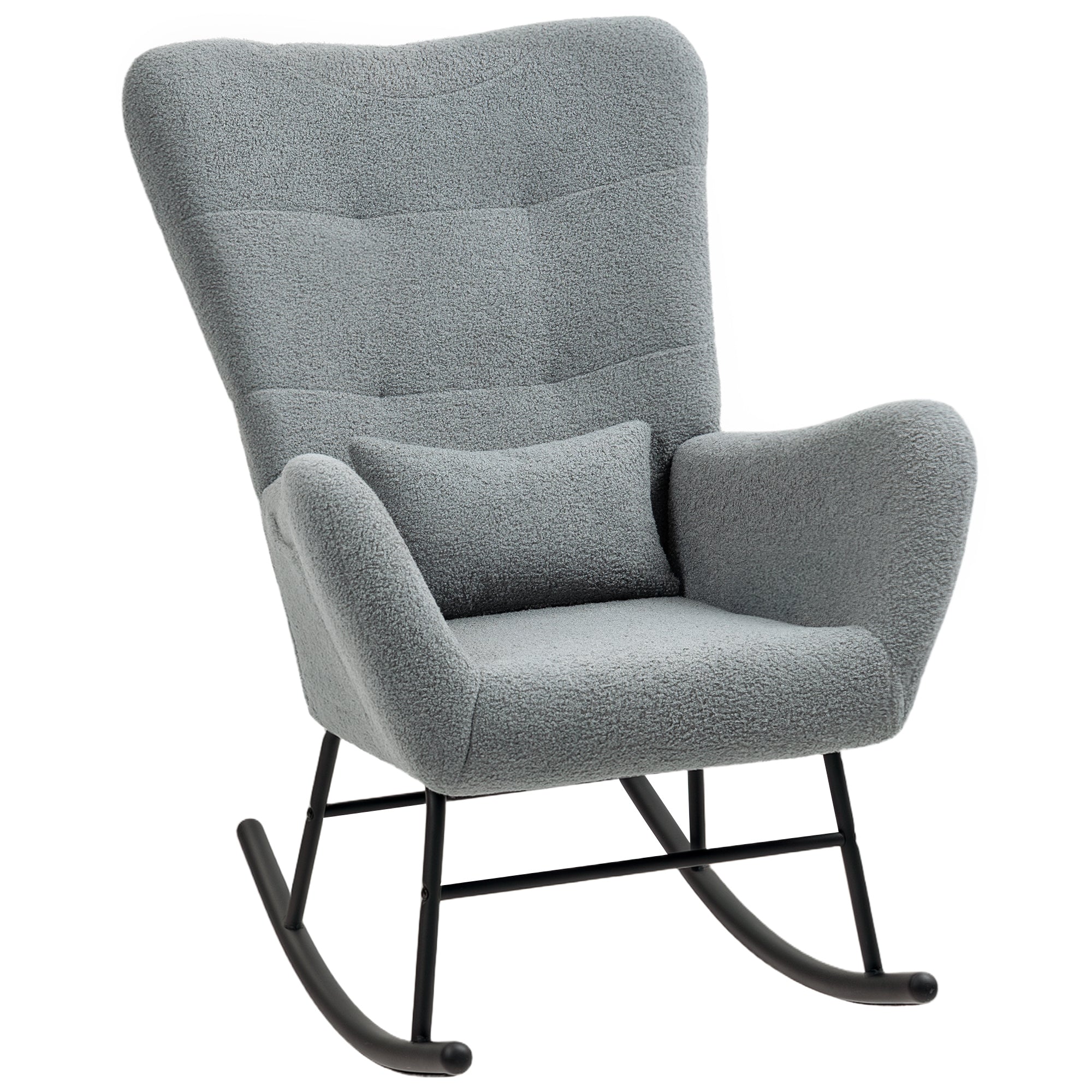 Rocking Chair, Rocker with Teddy Fabric Look, Armrest, Nursing Chair with Metal Runners, Lumbar Pillow, Recliner with Side Pocket for Living Room, Bedroom, Gray