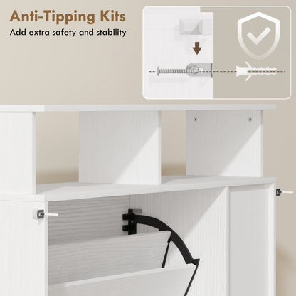 Narrow Shoe Cabinet with 2 Flip Drawers, Open Compartments & Adjustable Shelf, for Hallway & Entry, 35 x 9.8 x 36.2 in, White