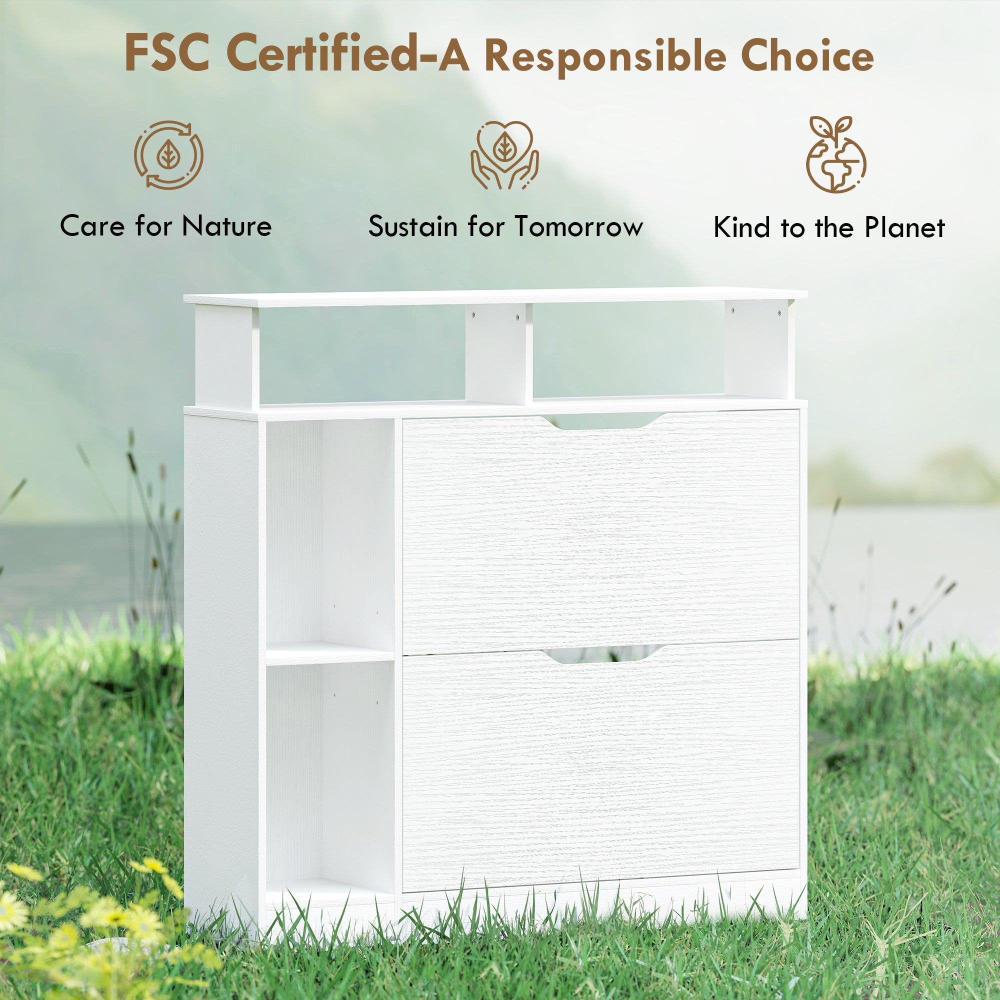 Narrow Shoe Cabinet with 2 Flip Drawers, Open Compartments & Adjustable Shelf, for Hallway & Entry, 35 x 9.8 x 36.2 in, White