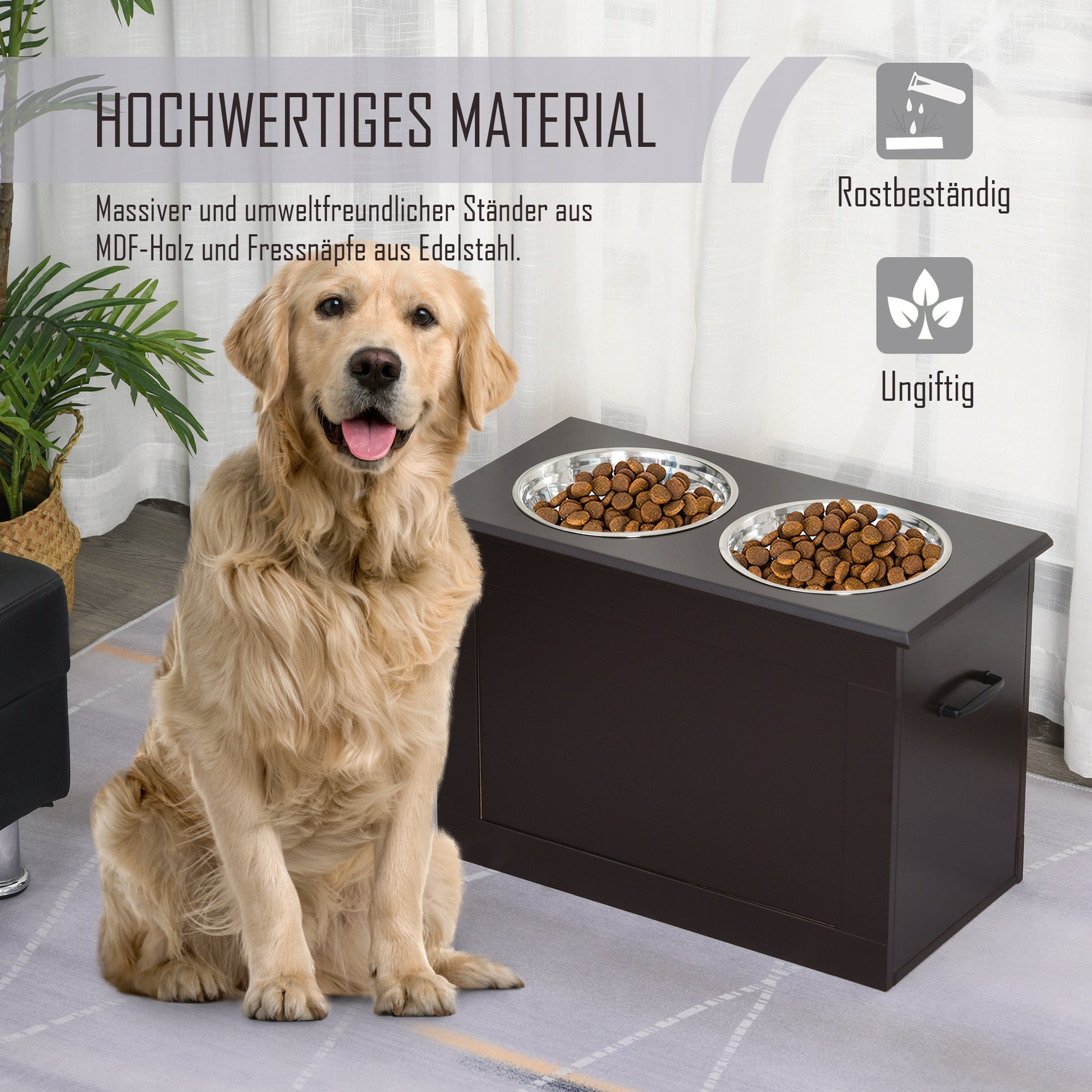 Elevated Dog Bowl Feeding Station with Storage Space Water Bowl 2 x 2000ml Stainless Steel Bowls Pet Bowls Feeding Bowl Food Station for Dogs Cats Espresso