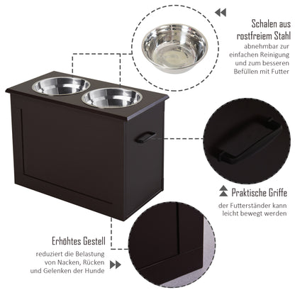 Elevated Dog Bowl Feeding Station with Storage Space Water Bowl 2 x 2000ml Stainless Steel Bowls Pet Bowls Feeding Bowl Food Station for Dogs Cats Espresso