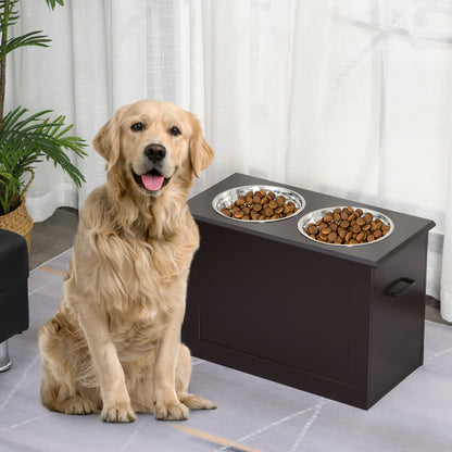 Elevated Dog Bowl Feeding Station with Storage Space Water Bowl 2 x 2000ml Stainless Steel Bowls Pet Bowls Feeding Bowl Food Station for Dogs Cats Espresso