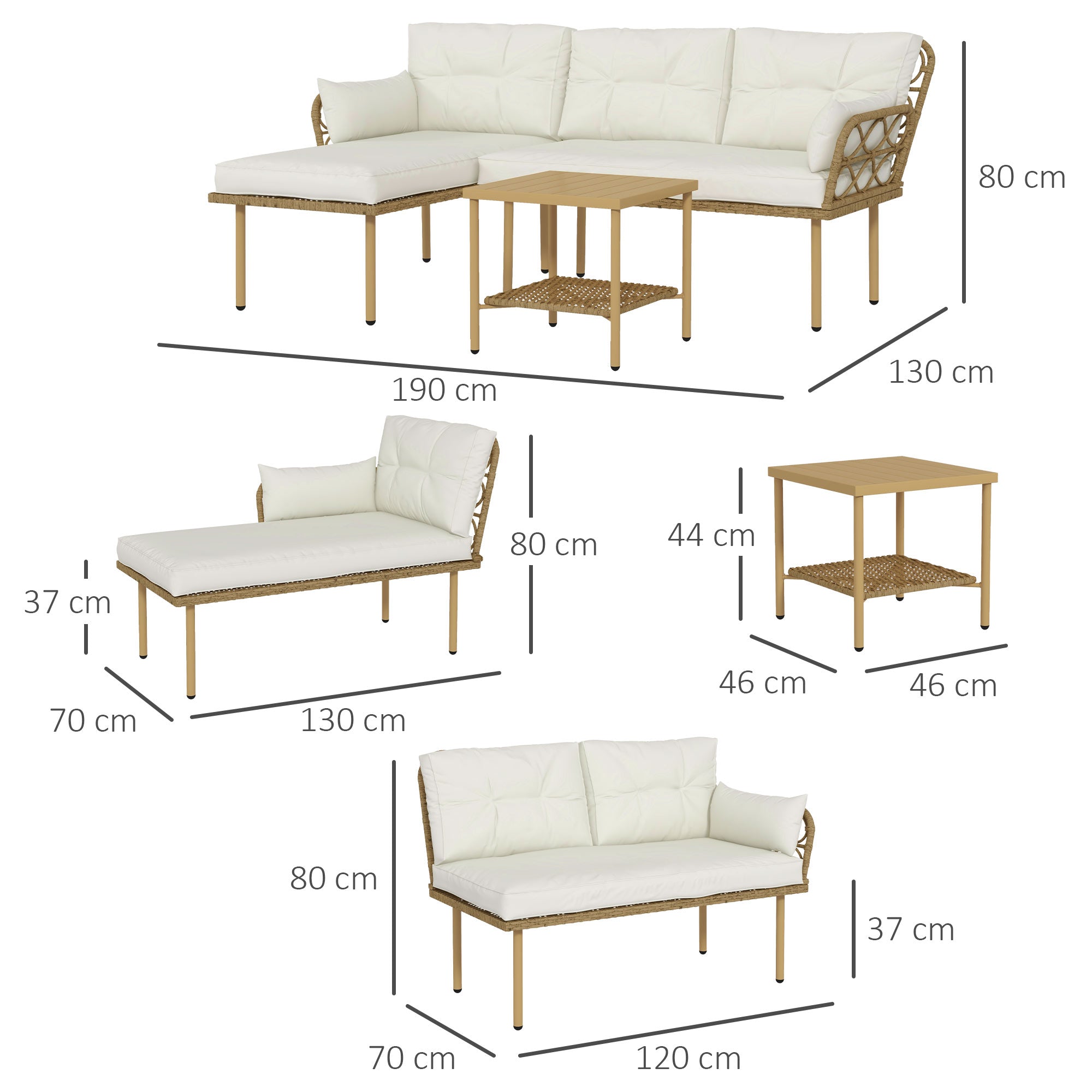 Synthetic Rattan Garden Set 3-Piece Outdoor Furniture with 1 Two-Seater Sofa 1 Corner Sofa 1 Metal Coffee Table and Anti-UV Cushions for Patio Natural and Cream