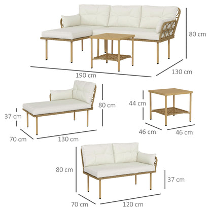 Synthetic Rattan Garden Set 3-Piece Outdoor Furniture with 1 Two-Seater Sofa 1 Corner Sofa 1 Metal Coffee Table and Anti-UV Cushions for Patio Natural and Cream