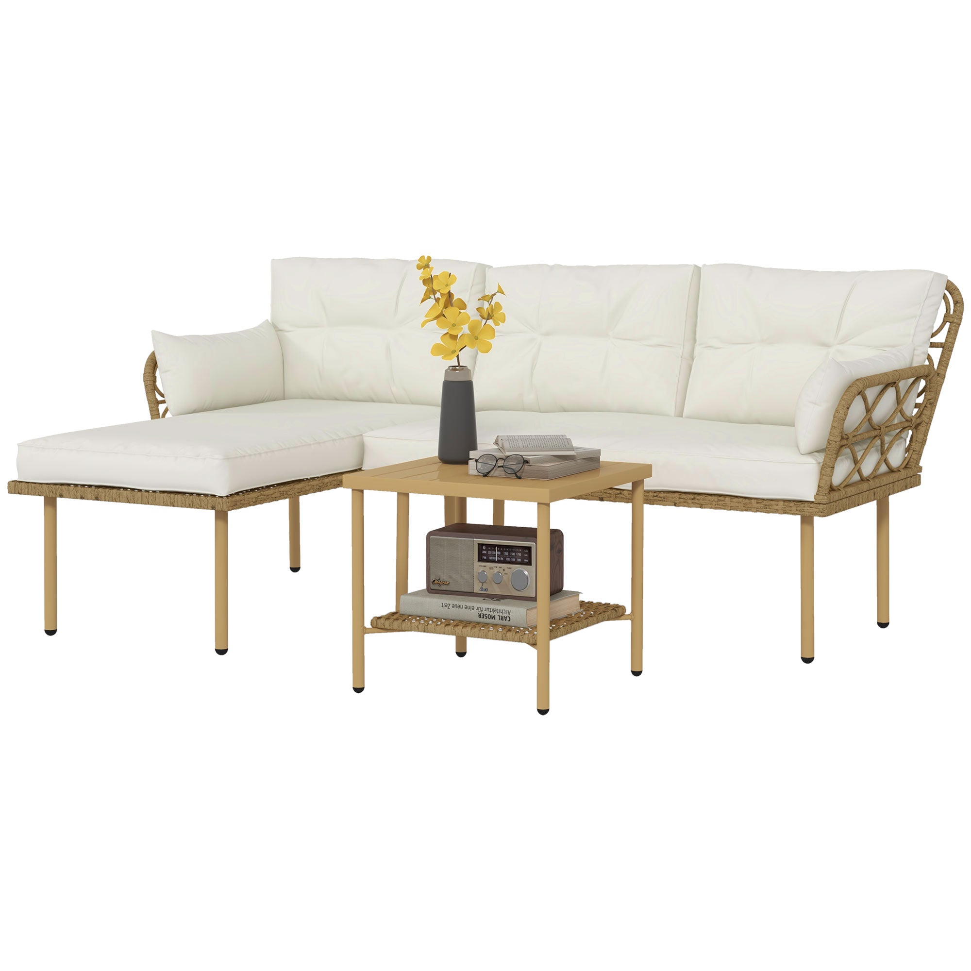 Synthetic Rattan Garden Set 3-Piece Outdoor Furniture with 1 Two-Seater Sofa 1 Corner Sofa 1 Metal Coffee Table and Anti-UV Cushions for Patio Natural and Cream