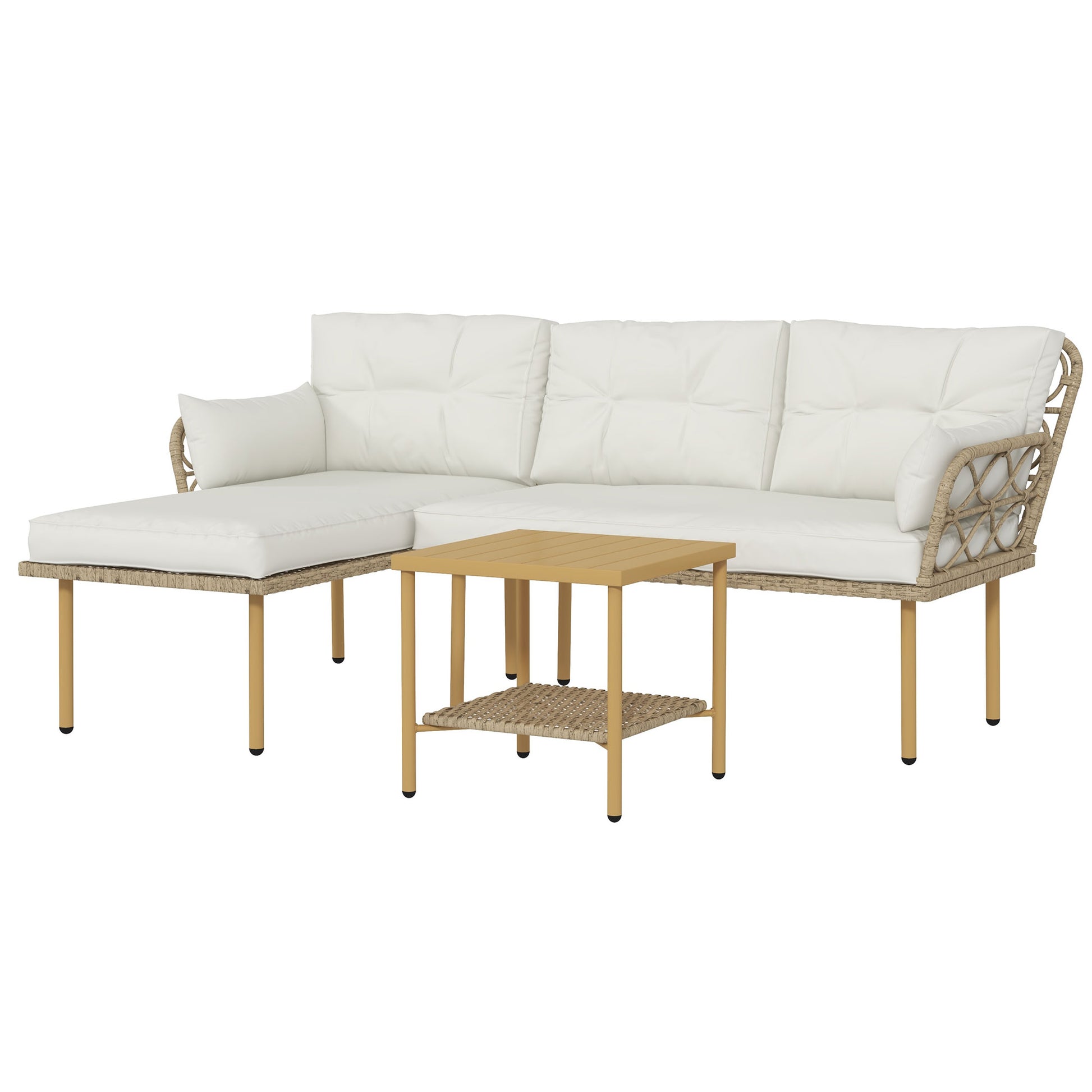 Synthetic Rattan Garden Set 3-Piece Outdoor Furniture with 1 Two-Seater Sofa 1 Corner Sofa 1 Metal Coffee Table and Anti-UV Cushions for Patio Natural and Cream