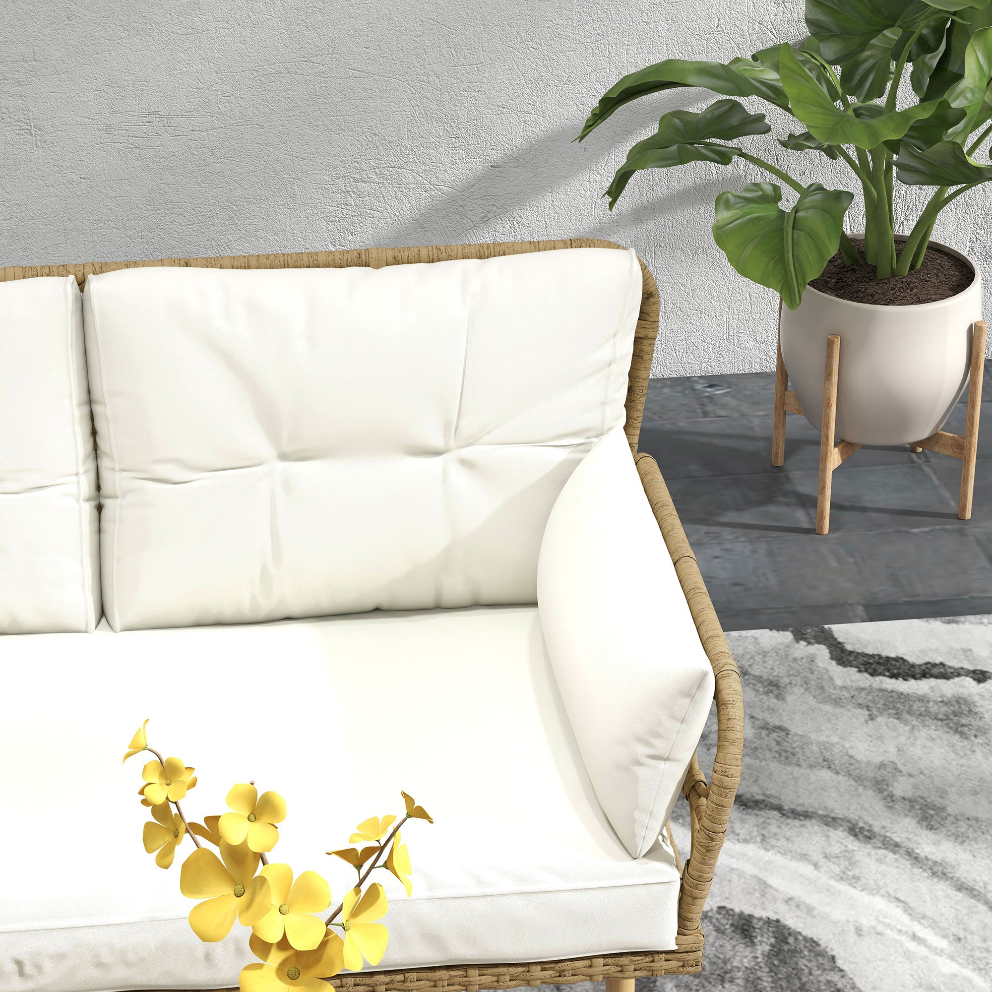 Synthetic Rattan Garden Set 3-Piece Outdoor Furniture with 1 Two-Seater Sofa 1 Corner Sofa 1 Metal Coffee Table and Anti-UV Cushions for Patio Natural and Cream
