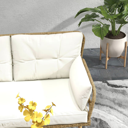 Synthetic Rattan Garden Set 3-Piece Outdoor Furniture with 1 Two-Seater Sofa 1 Corner Sofa 1 Metal Coffee Table and Anti-UV Cushions for Patio Natural and Cream