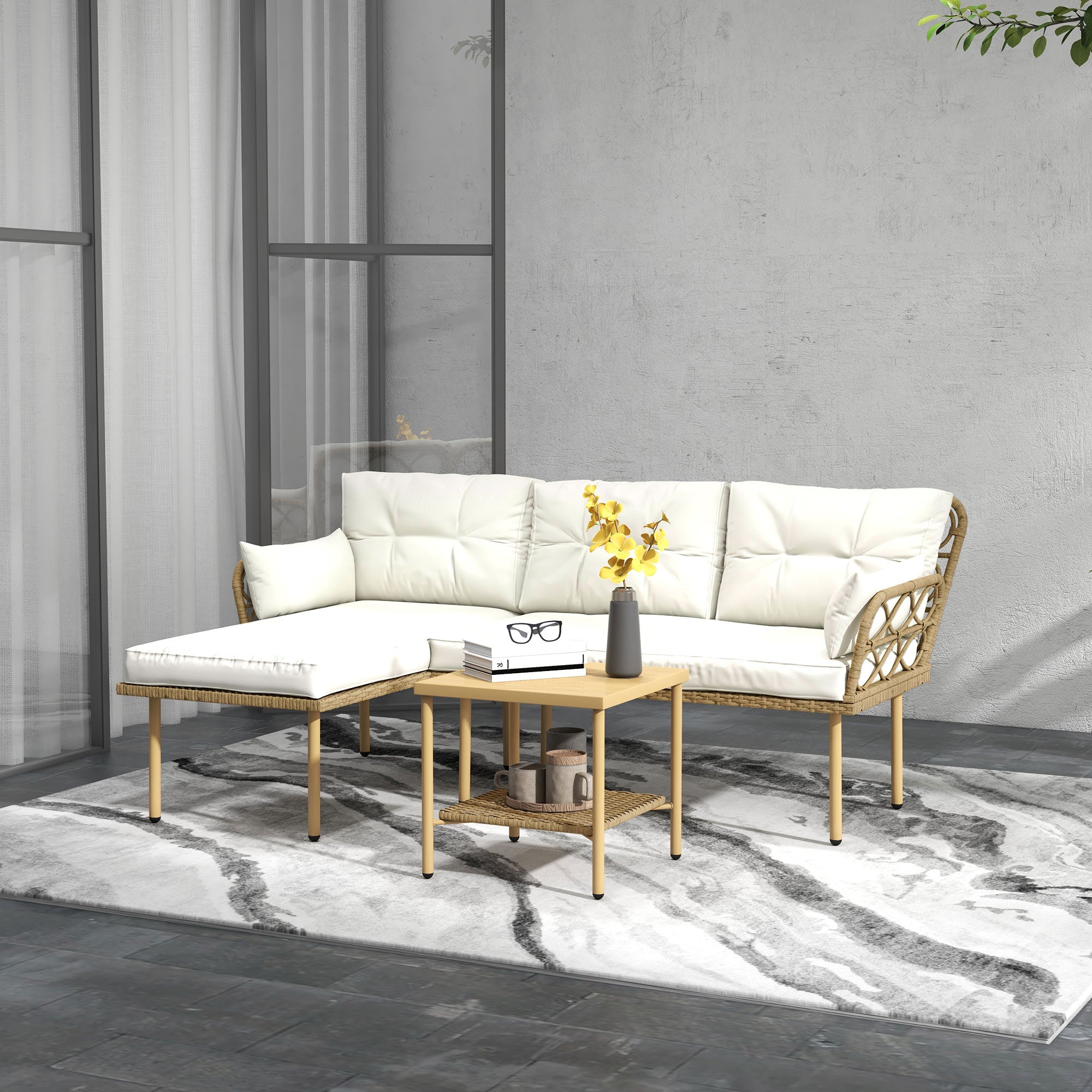 Synthetic Rattan Garden Set 3-Piece Outdoor Furniture with 1 Two-Seater Sofa 1 Corner Sofa 1 Metal Coffee Table and Anti-UV Cushions for Patio Natural and Cream