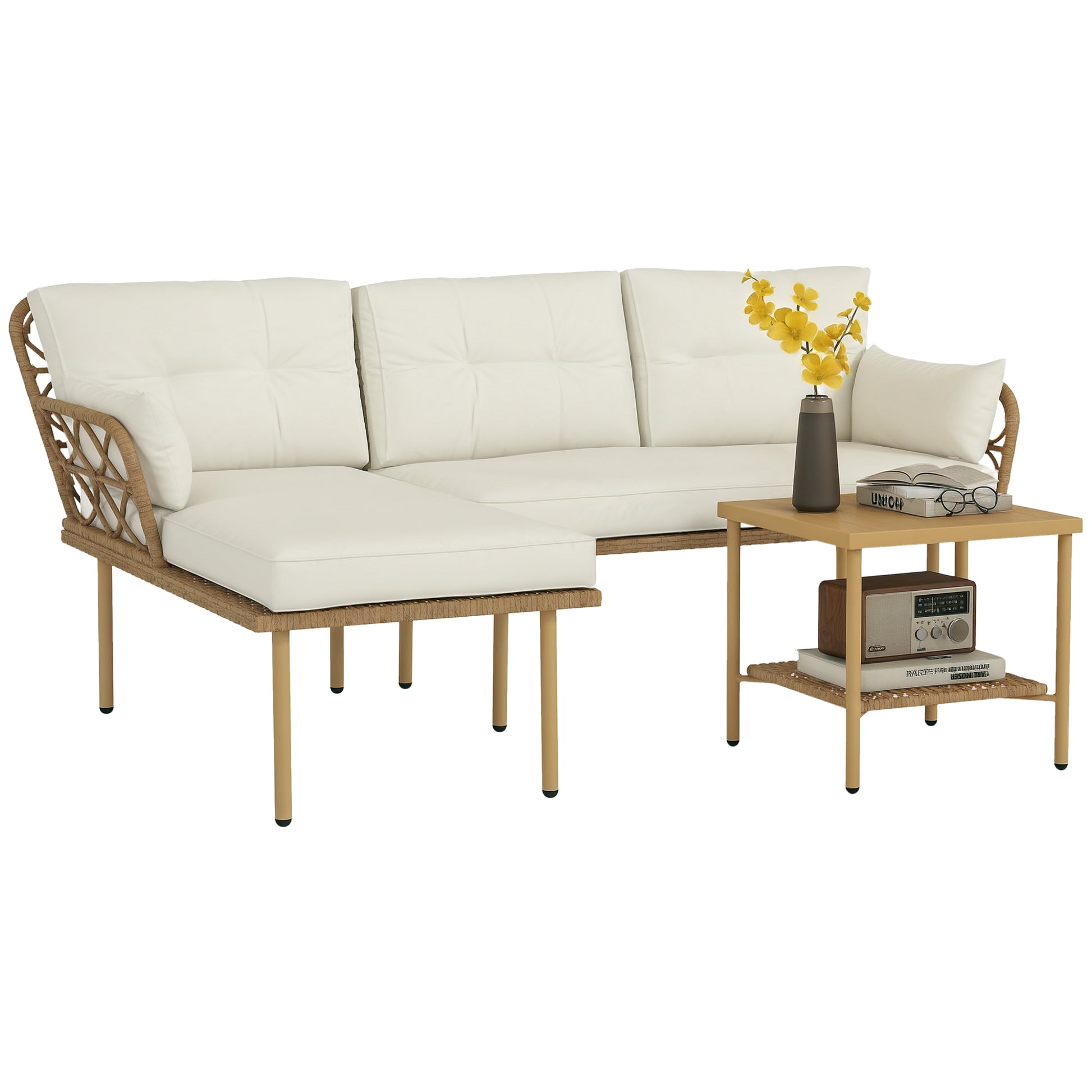 Synthetic Rattan Garden Set 3-Piece Outdoor Furniture with 1 Two-Seater Sofa 1 Corner Sofa 1 Metal Coffee Table and Anti-UV Cushions for Patio Natural and Cream