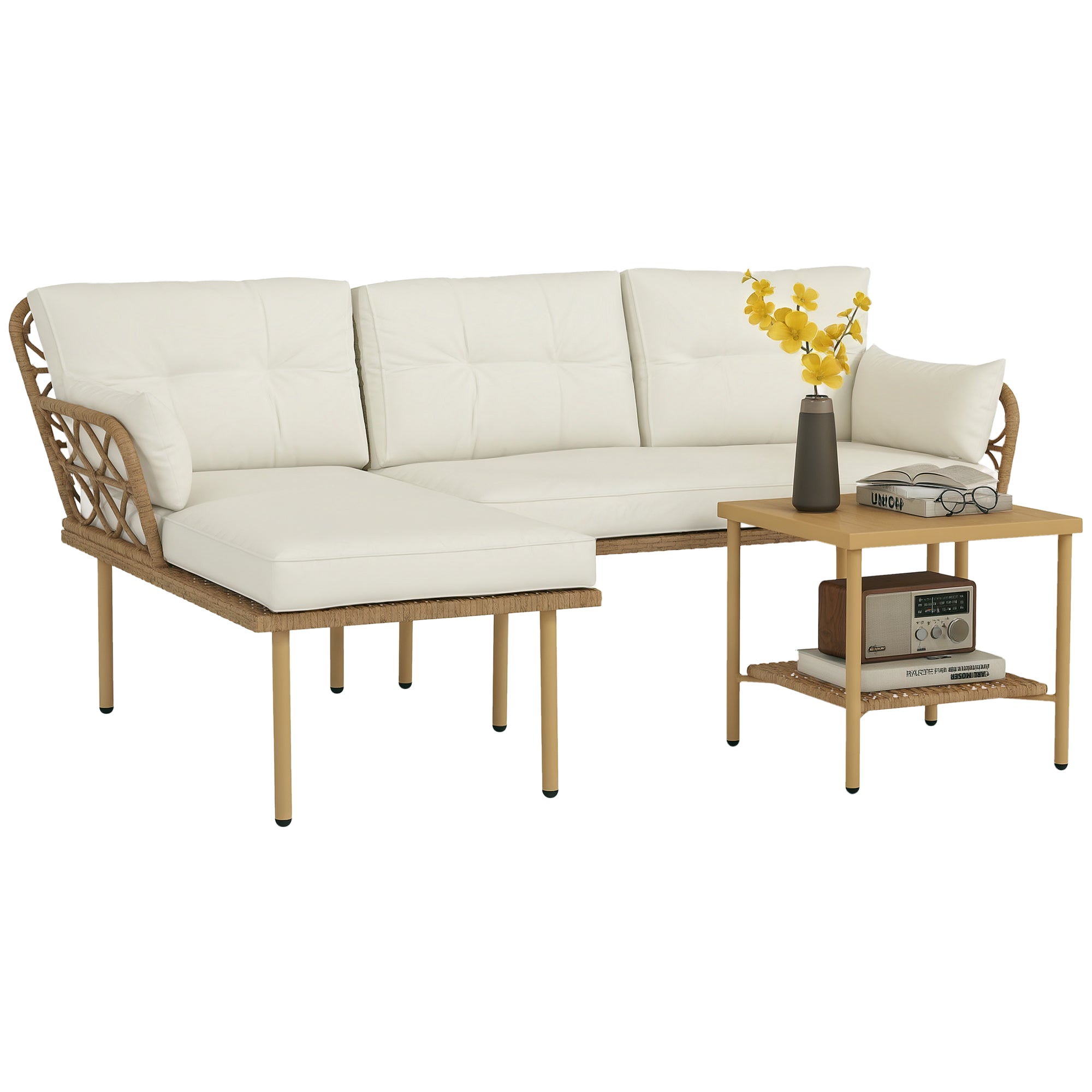 Synthetic Rattan Garden Set 3-Piece Outdoor Furniture with 1 Two-Seater Sofa 1 Corner Sofa 1 Metal Coffee Table and Anti-UV Cushions for Patio Natural and Cream
