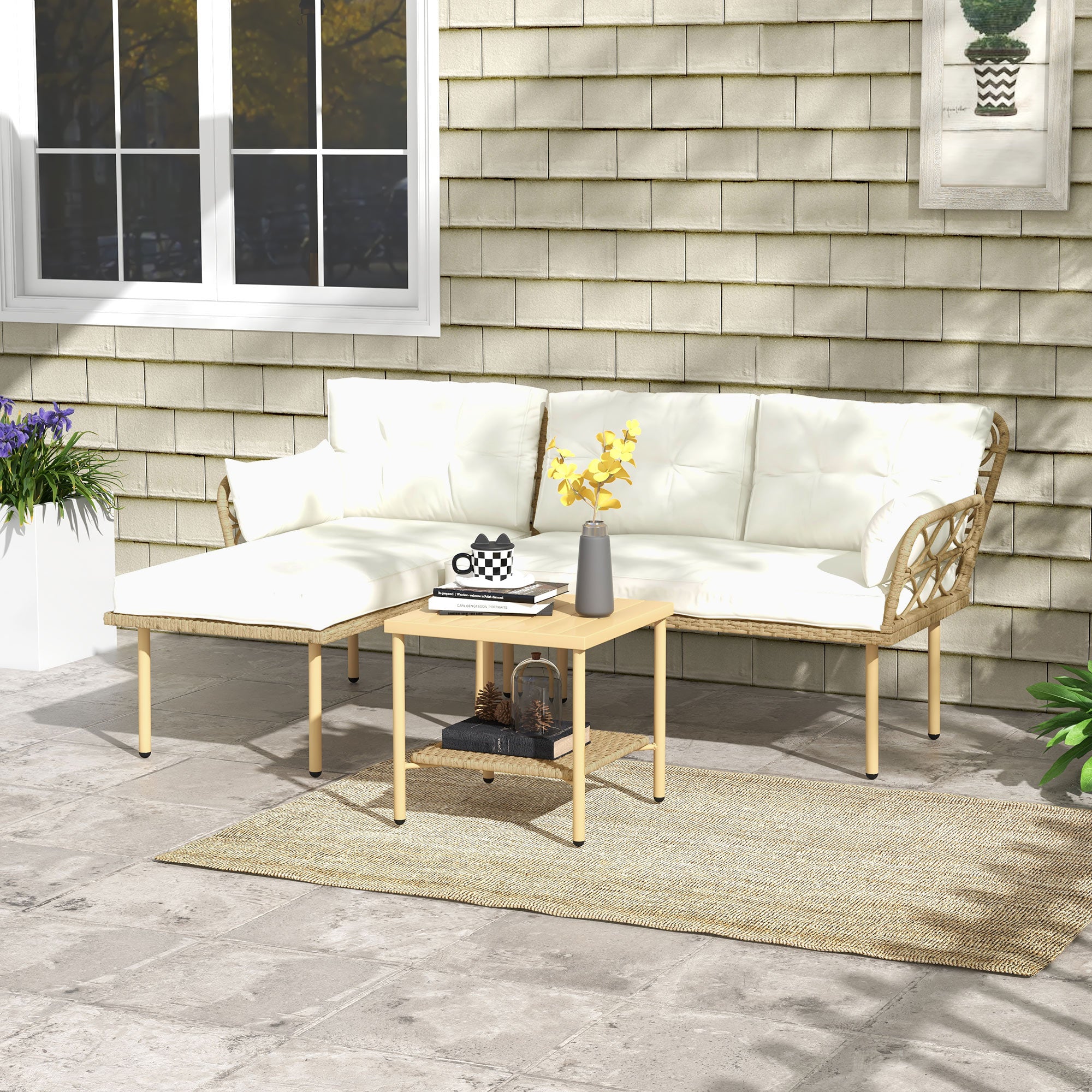 Synthetic Rattan Garden Set 3-Piece Outdoor Furniture with 1 Two-Seater Sofa 1 Corner Sofa 1 Metal Coffee Table and Anti-UV Cushions for Patio Natural and Cream