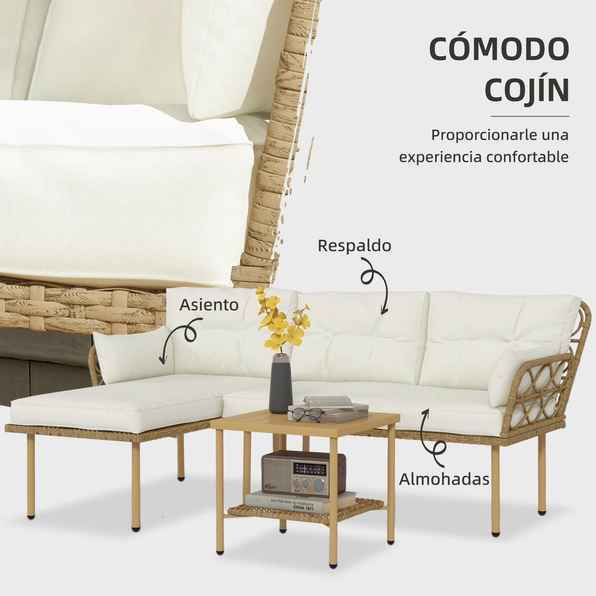 Synthetic Rattan Garden Set 3-Piece Outdoor Furniture with 1 Two-Seater Sofa 1 Corner Sofa 1 Metal Coffee Table and Anti-UV Cushions for Patio Natural and Cream