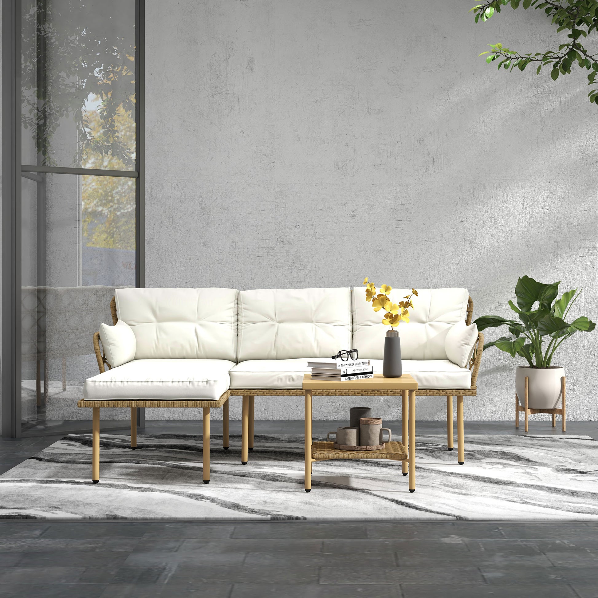 Synthetic Rattan Garden Set 3-Piece Outdoor Furniture with 1 Two-Seater Sofa 1 Corner Sofa 1 Metal Coffee Table and Anti-UV Cushions for Patio Natural and Cream