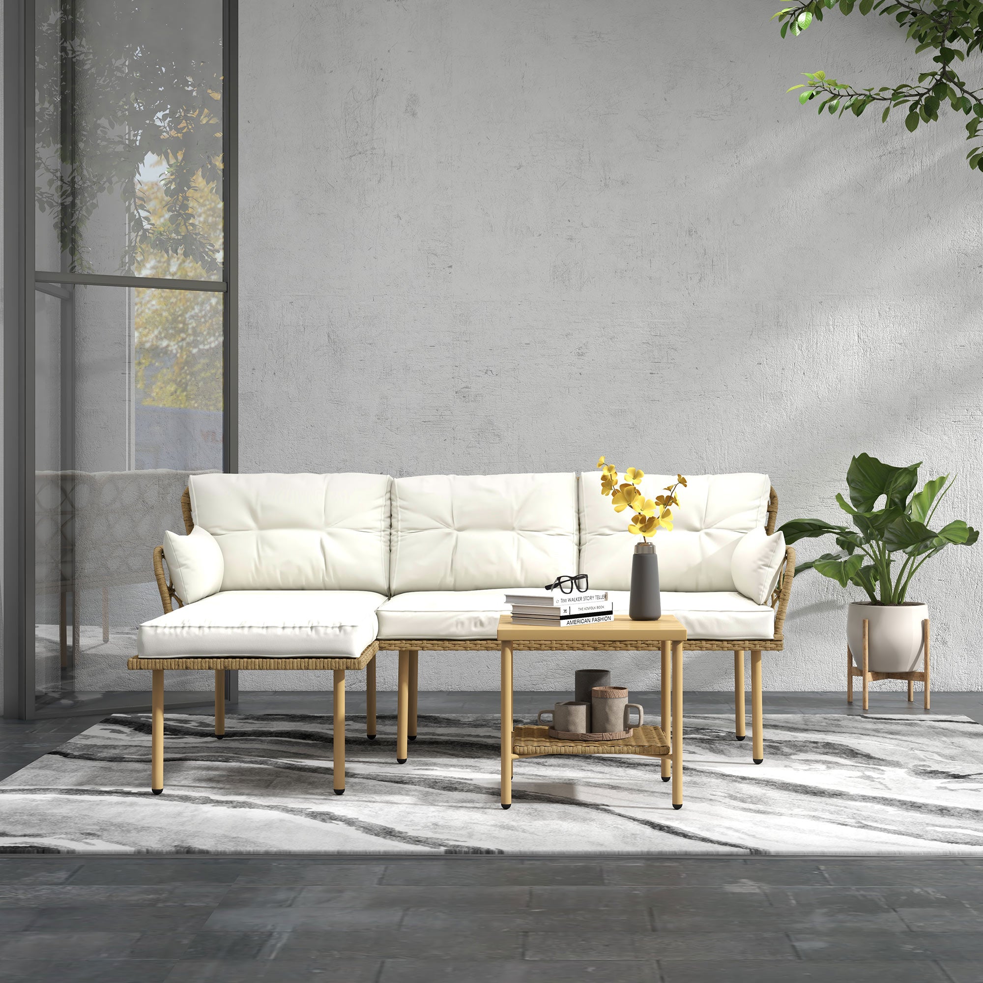 Synthetic Rattan Garden Set 3-Piece Outdoor Furniture with 1 Two-Seater Sofa 1 Corner Sofa 1 Metal Coffee Table and Anti-UV Cushions for Patio Natural and Cream
